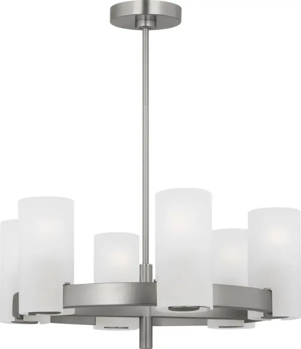 The Rhode Medium Chandelier combines clean lines with etched glass shades for a sophisticated yet approachable look. Its brushed steel finish and cylindrical design work beautifully in both modern and transitional spaces, offering soft ambient lighting perfect for dining areas and entryways. - alternate view