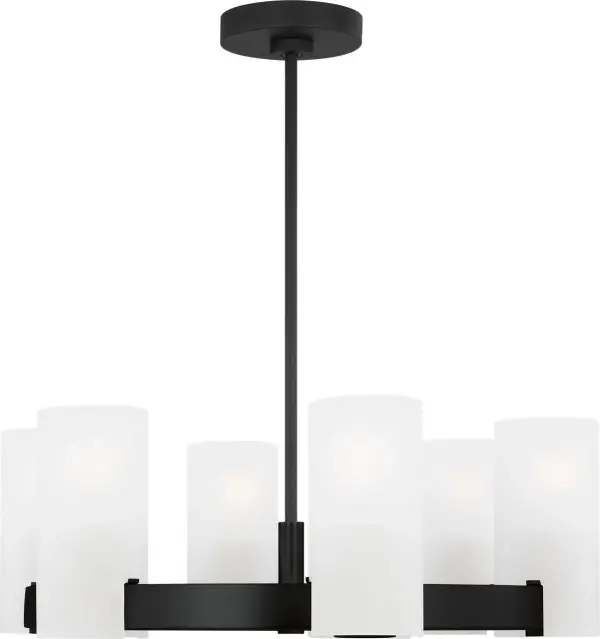 The Rhode Medium Chandelier combines clean lines with etched glass shades for a refined look that works in both modern and traditional spaces. Its damp rating and versatile Midnight Black finish make it practical and stylish.