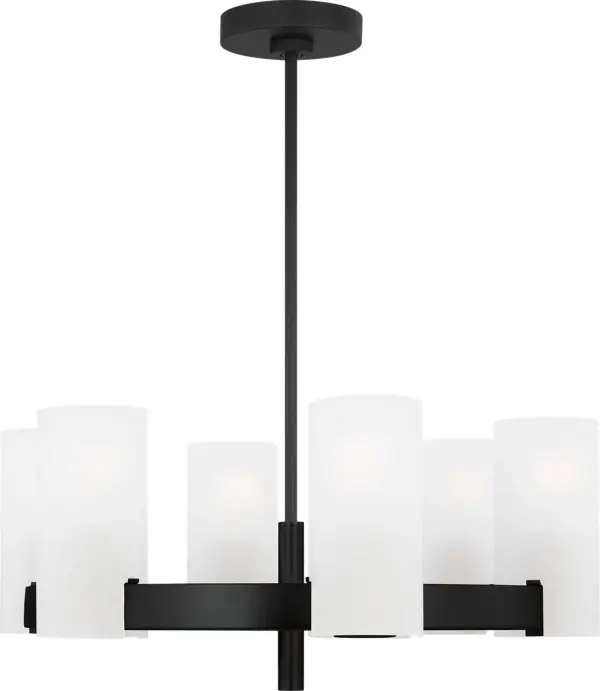 The Rhode Medium Chandelier combines clean lines with etched glass shades for a refined look that works in both modern and traditional spaces. Its damp rating and versatile Midnight Black finish make it practical and stylish. - alternate view