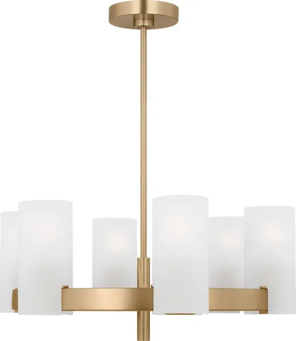 The Rhode Medium Chandelier combines timeless elegance with modern simplicity. Its etched glass cylindrical shades create a warm, inviting glow perfect for dining and living spaces. Damp-rated construction and versatile styling make it ideal for both residential and light commercial applications.