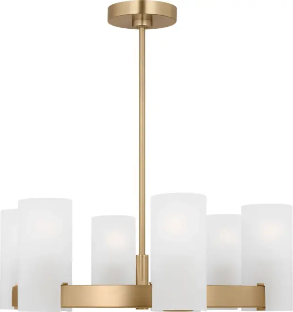 The Rhode Medium Chandelier combines timeless elegance with modern simplicity. Its etched glass cylindrical shades create a warm, inviting glow perfect for dining and living spaces. Damp-rated construction and versatile styling make it ideal for both residential and light commercial applications. - alternate view