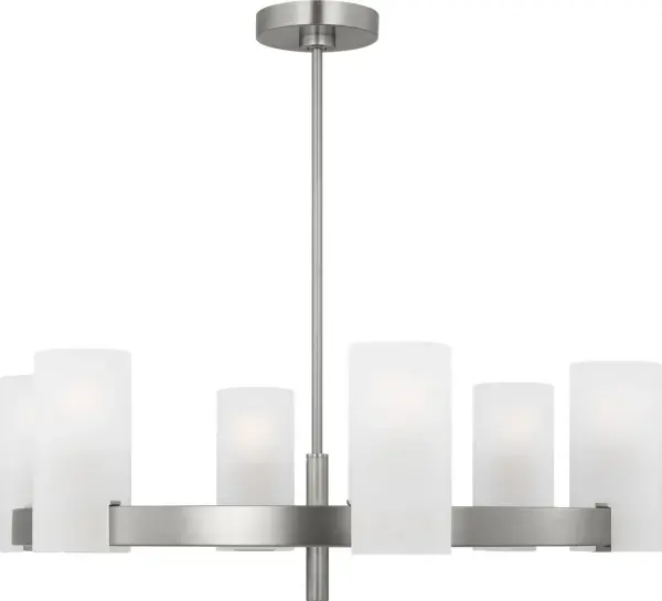 The Rhode Large Chandelier delivers sophisticated illumination through eight etched glass shades that create beautifully diffused light. Its clean-lined silhouette and brushed steel finish make it versatile for modern and transitional interiors.