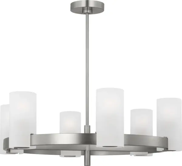 The Rhode Large Chandelier delivers sophisticated illumination through eight etched glass shades that create beautifully diffused light. Its clean-lined silhouette and brushed steel finish make it versatile for modern and transitional interiors. - alternate view