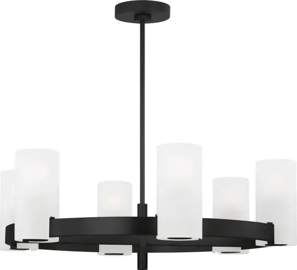The Rhode Large Chandelier delivers sophisticated illumination through eight etched glass shades in a clean, modern silhouette. Its Midnight Black finish adds dramatic contrast while the diffused lighting creates warm ambiance. - alternate view