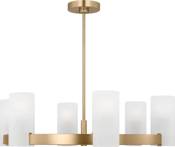 The Rhode Large Chandelier delivers sophisticated illumination through eight etched glass shades in a clean, linear design. Its satin brass finish and damp rating make it a versatile centerpiece for modern and transitional interiors.