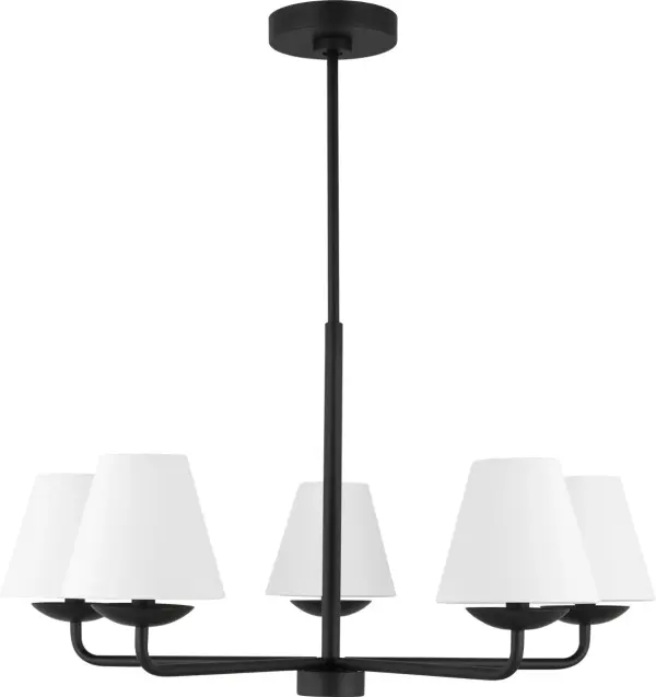The Albion Medium Chandelier reimagines traditional chandelier design with clean lines and a minimalist aesthetic. Five white linen conical shades provide soft, diffused light while the Midnight Black finish adds contemporary sophistication. Damp-rated for versatility and durability.