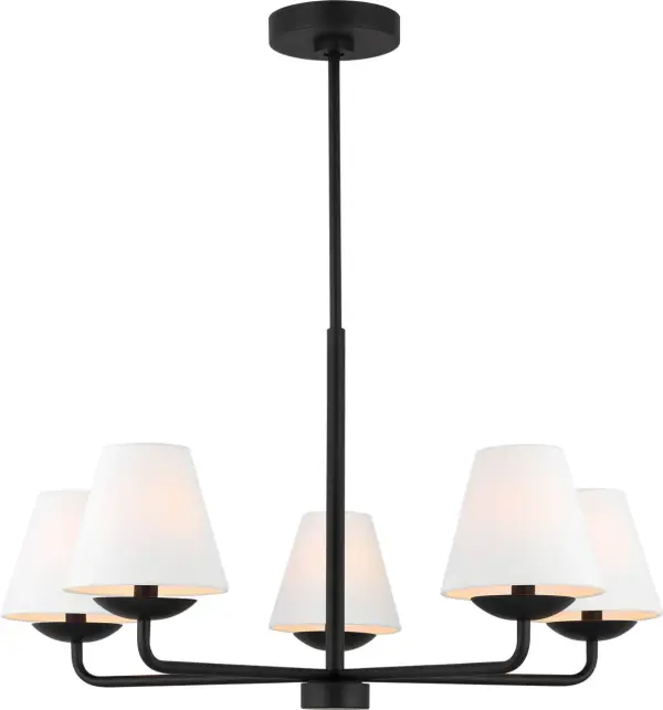 The Albion Medium Chandelier reimagines traditional chandelier design with clean lines and a minimalist aesthetic. Five white linen conical shades provide soft, diffused light while the Midnight Black finish adds contemporary sophistication. Damp-rated for versatility and durability. - alternate view