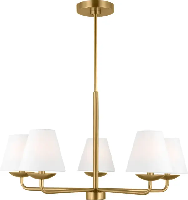 The Albion Medium Chandelier reimagines traditional chandelier design with clean lines and contemporary minimalism. Five white linen shades with drip catcher details create sophisticated lighting, while satin brass finish adds warmth.