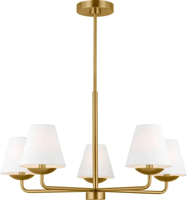 The Albion Medium Chandelier reimagines traditional chandelier design with clean lines and contemporary minimalism. Five white linen shades with drip catcher details create sophisticated lighting, while satin brass finish adds warmth. - alternate view