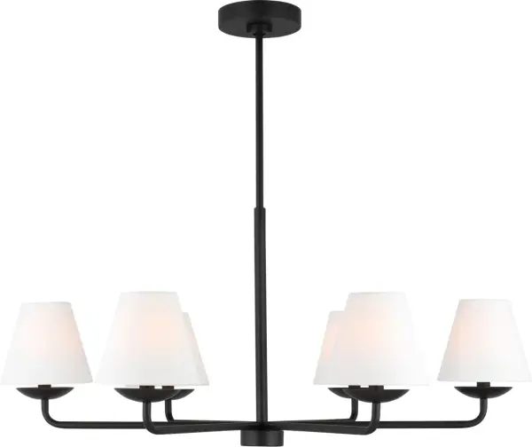 The Albion Large Chandelier delivers sophisticated style with six white linen shades and classic drip catcher details. Its sleek Midnight Black finish and minimalist design create versatile appeal for transitional spaces. - alternate view