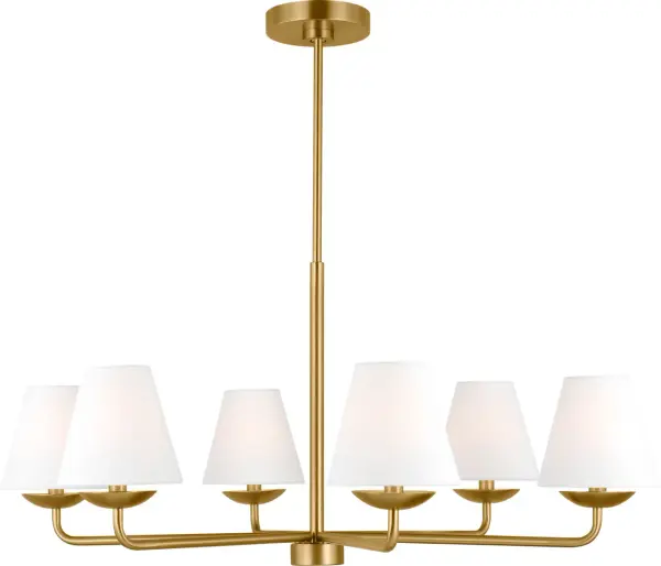 The Albion Large Chandelier delivers understated elegance with six white linen conical shades and classic drip catcher details. Its satin brass finish and sleek arms create a perfect balance of vintage-inspired design and contemporary minimalism.