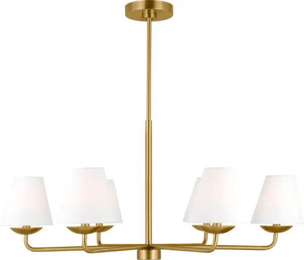 The Albion Large Chandelier delivers understated elegance with six white linen conical shades and classic drip catcher details. Its satin brass finish and sleek arms create a perfect balance of vintage-inspired design and contemporary minimalism. - alternate view