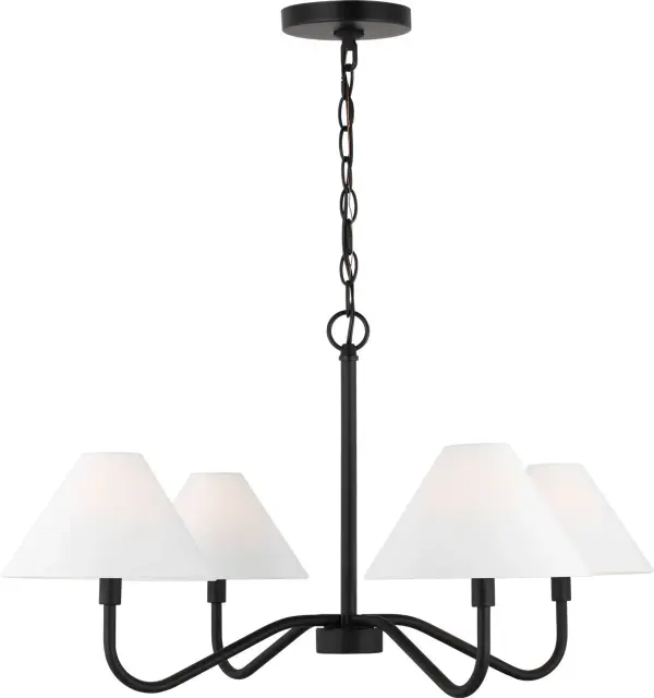 The Eldon Medium Chandelier masterfully blends classic charm with contemporary design. Four gracefully curved arms topped with white linen empire shades create warm, ambient lighting perfect for transitional, farmhouse, or modern spaces.