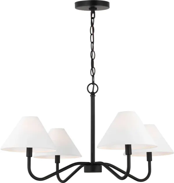 The Eldon Medium Chandelier masterfully blends classic charm with contemporary design. Four gracefully curved arms topped with white linen empire shades create warm, ambient lighting perfect for transitional, farmhouse, or modern spaces. - alternate view