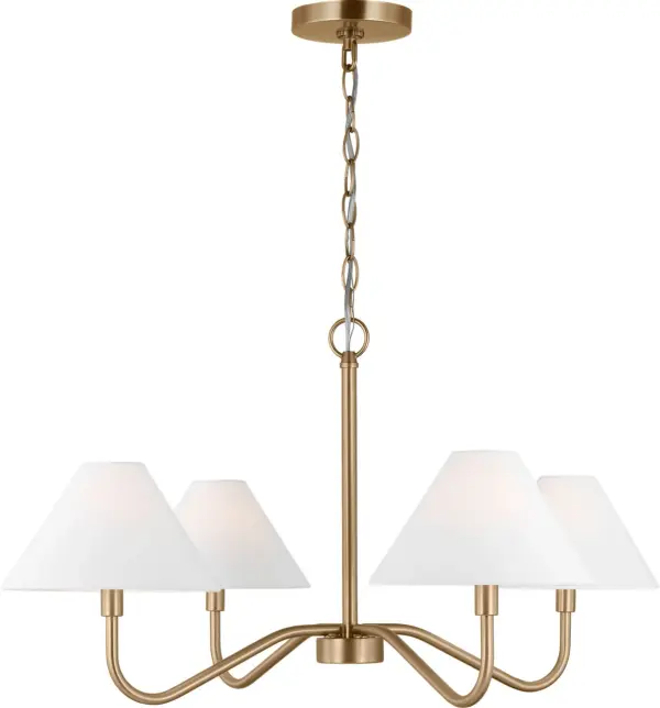 The Eldon Medium Chandelier masterfully blends classic charm with contemporary design through four gracefully curved arms and white linen shades. Its damp-rated construction and versatile Satin Brass finish make it perfect for elevating dining rooms, kitchens, and entryways with warm, ambient lighting.