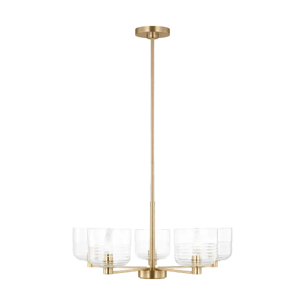 The Lochdale Medium Chandelier combines timeless elegance with contemporary sensibility. Its satin brass finish adds warmth and sophistication to any space, making it versatile for both traditional and modern interiors.