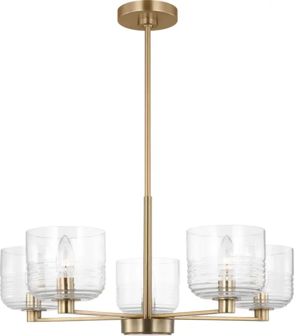 The Lochdale Medium Chandelier combines timeless elegance with contemporary sensibility. Its satin brass finish adds warmth and sophistication to any space, making it versatile for both traditional and modern interiors. - alternate view