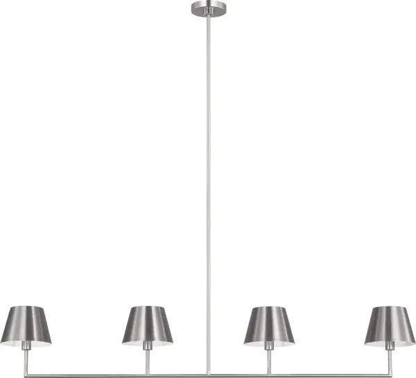 The Ender Large Linear Chandelier combines contemporary styling with timeless brushed nickel finish. Its elongated profile makes it perfect for dining tables and kitchen islands, delivering even illumination across long surfaces.