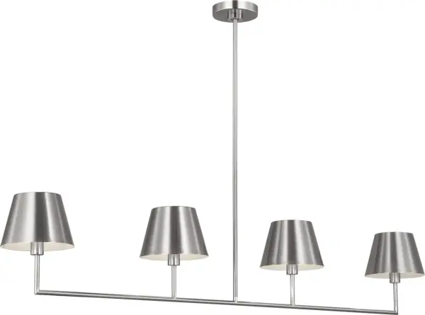 The Ender Large Linear Chandelier combines contemporary styling with timeless brushed nickel finish. Its elongated profile makes it perfect for dining tables and kitchen islands, delivering even illumination across long surfaces. - alternate view