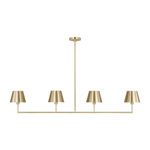 The Ender Large Linear Chandelier combines contemporary design with timeless brass elegance. Its elongated profile makes it perfect for dining tables and kitchen islands, delivering both ambient and task lighting.