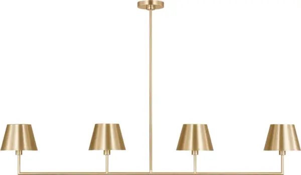The Ender Large Linear Chandelier combines contemporary design with timeless brass elegance. Its elongated profile makes it perfect for dining tables and kitchen islands, delivering both ambient and task lighting. - alternate view