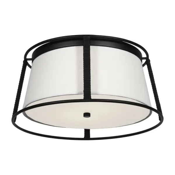 The Cortes flush mount combines clean lines with organic warmth through its white linen shade and midnight black metal frame. Perfect for low-ceiling spaces needing soft, diffused light with contemporary style.