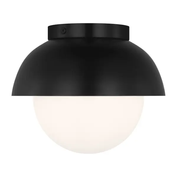 The Hyde flush mount blends industrial and mid-century modern aesthetics in a compact 8-inch profile. Its half-moon silhouette and opal glass globe create soft, diffused light ideal for smaller spaces with lower ceilings.