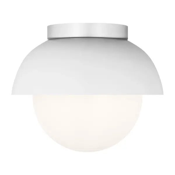 The Hyde flush mount blends modern minimalism with industrial design through its half-moon silhouette and opal glass globe. At just 8 inches wide, it's ideal for smaller spaces needing stylish ambient lighting without visual bulk.