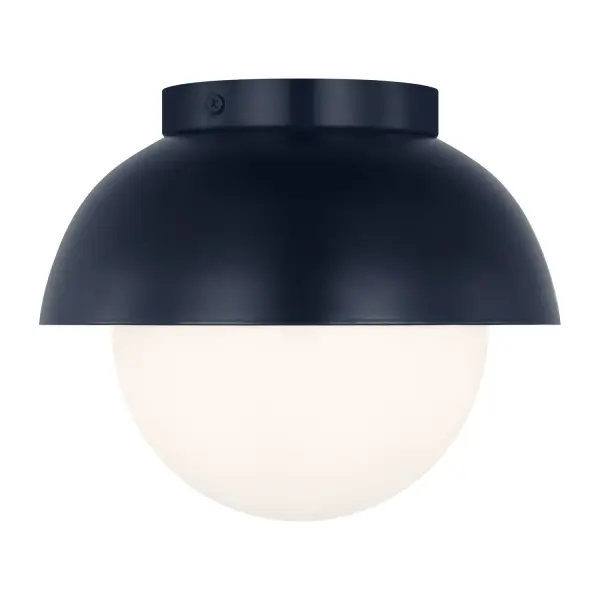 The Hyde flush mount blends modern and industrial design with a distinctive half-moon silhouette. Its compact 8-inch profile and navy finish make it ideal for smaller spaces needing stylish, functional lighting.