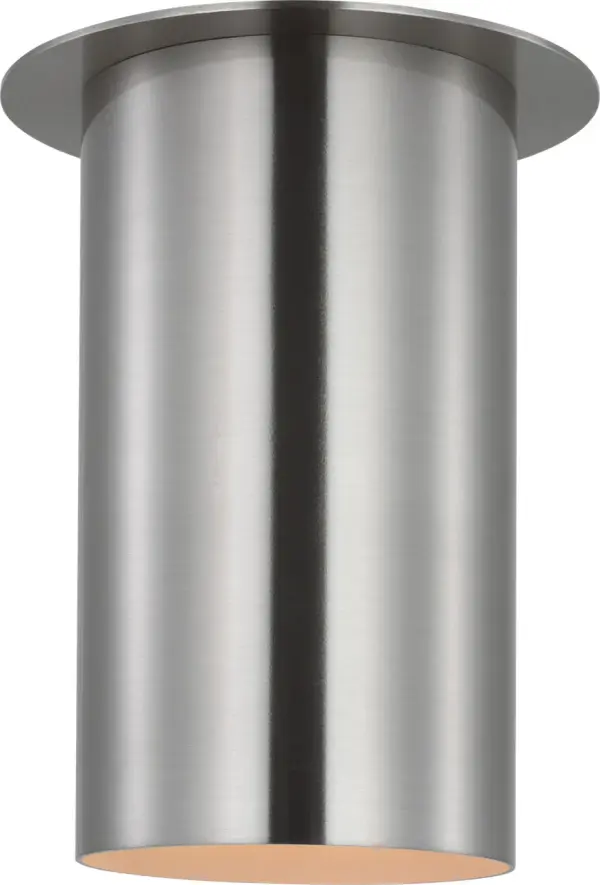 The Archer Small Flush Mount delivers modern simplicity with its clean cylindrical design and brushed steel finish. Damp-rated for bathroom use, this compact fixture offers versatile placement options and subtle sophistication. - alternate view