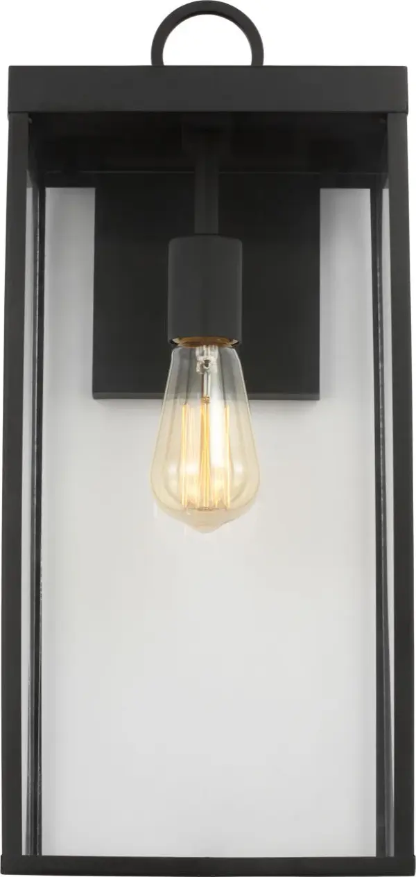 The Howell Large Wall Lantern combines timeless elegance with modern durability. Its textured black rectangular frame and soft white glass panels create a welcoming ambiance while withstanding outdoor elements. - alternate view