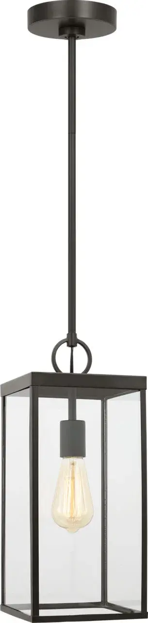 The Howell Medium Pendant Lantern combines clean-lined rectangular design with nostalgic filament bulb display, creating warm ambiance for covered outdoor spaces. Damp-rated for durability with sophisticated Antique Bronze finish. - alternate view