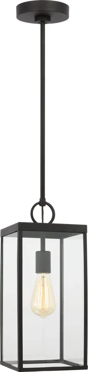 The Howell Medium Pendant Lantern combines clean rectangular geometry with vintage filament bulb appeal, creating sophisticated outdoor ambiance. Its damp-rated construction and clear glass panels make it ideal for covered exterior spaces.