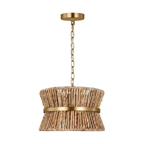 The Thurlo pendant brings modern bohemian style with hand-wrapped abaca rope creating beautiful light filtration and shadow play. The satin brass accents add a refined touch to the natural texture.