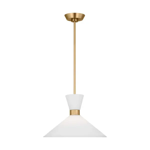 The Belcarra pendant brings mid-century charm with its flared ribbed glass shade and etched white glass diffuser. The satin brass finish adds warmth while the clean lines keep it versatile. Perfect for grouping multiples over islands or dining tables.