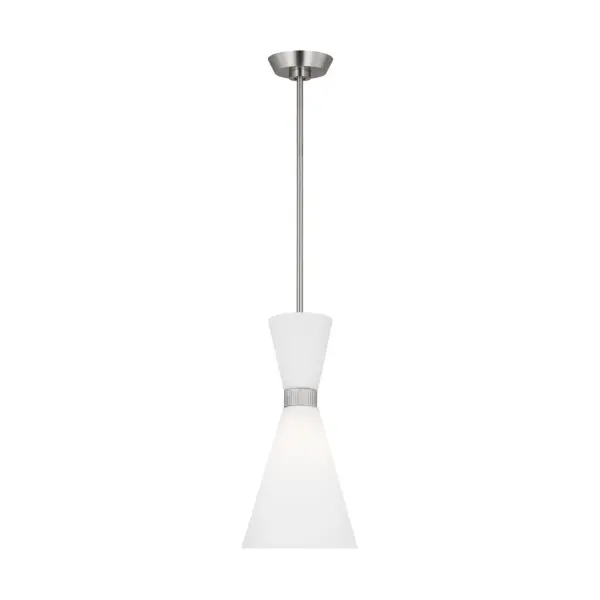 The Belcarra pendant by Drew & Jonathan brings mid-century charm with its flared ribbed glass shade and etched white diffuser. At 8" wide, it's perfectly sized for multiples over islands or solo in compact spaces. Damp-rated versatility and adjustable height make it practical.