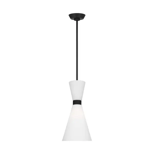The Belcarra pendant by Drew & Jonathan brings mid-century charm with its flared ribbed glass shade and etched white glass diffuser. At 8" wide, it's perfectly sized for multiples over islands or solo in compact spaces.