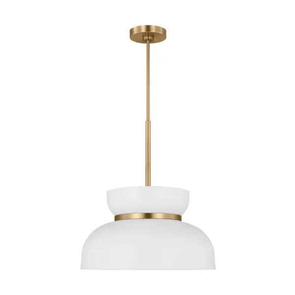 The Pemberton pendant combines contemporary clean lines with mid-century charm through its cinched dome silhouette and burnished brass details. Its compact 12-inch size makes it ideal for multiples over islands or solo in smaller spaces.
