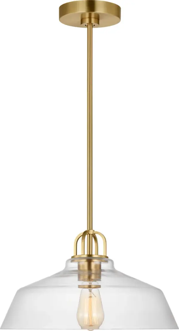 The Payton Small Pendant combines clean lines with a clear glass shade and distinctive double top loop detail. Its damp rating and compact size make it perfect for kitchens and bathrooms, while the warm Satin Brass finish adds sophisticated style.