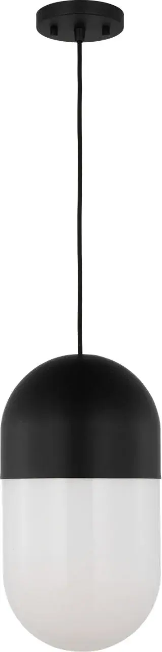 The Foster Medium Pendant combines clean capsule-shaped design with practical milk glass diffusion. Its damp rating and versatile Midnight Black finish make it suitable for both indoor and covered outdoor applications.