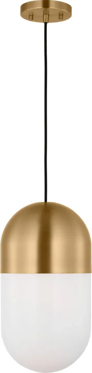 The Foster Medium Pendant combines sleek capsule-shaped design with practical versatility. Its milk glass shade provides soft, diffused lighting while the satin brass finish adds sophisticated warmth to any space. - alternate view