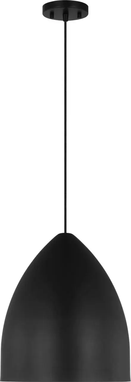 The Huron Medium Pendant delivers sophisticated simplicity with its gently curved steel shade in Midnight Black. Damp-rated for flexible placement, it brings modern elegance to dining areas, kitchen islands, and hallways alike. - alternate view