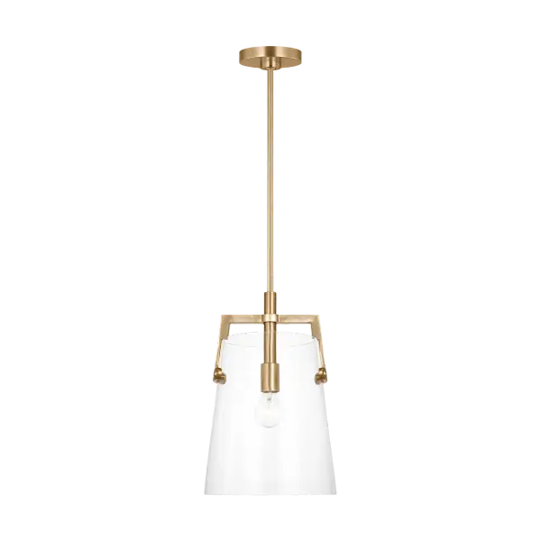The Crofton Medium Pendant combines timeless design with contemporary appeal in a warm satin brass finish. Its versatile medium scale makes it ideal for kitchen islands, dining areas, and entryways.