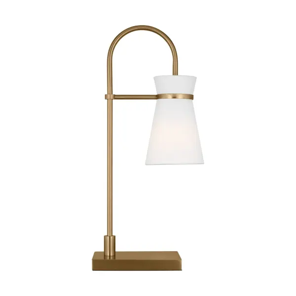 The Binx table lamp combines mid-century modern aesthetics with practical task lighting. Its slender neck and flared linen shade deliver focused illumination while the satin brass finish adds warmth to any workspace or bedside.