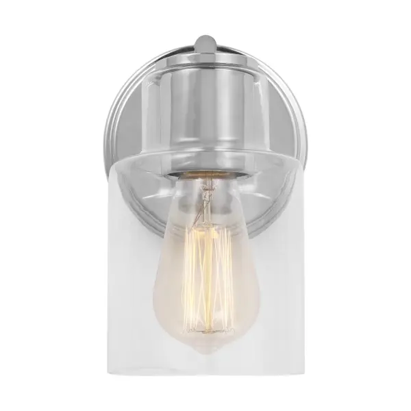 The Sayward sconce delivers classic styling with modern versatility. Its clear glass shade showcases filament bulbs beautifully, while the chrome finish coordinates effortlessly with contemporary bath hardware.