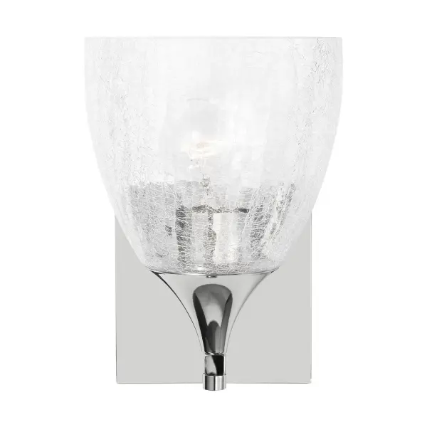 The Toffino wall sconce brings contemporary flair to traditional design with its eye-catching crackle glass shade and sleek chrome finish. Versatile mounting options and damp location rating make it ideal for bathrooms and beyond.