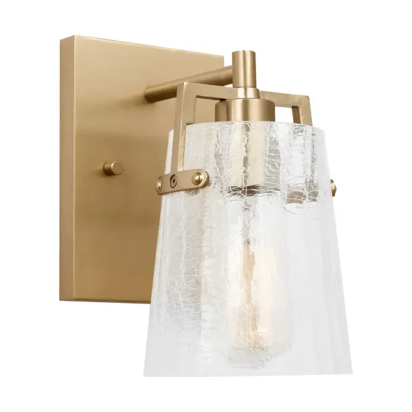 Drew & Jonathan Scott's Crofton sconce delivers flexible style with its clean rectangular backplate and textured crackle glass shade. The reversible mounting and damp rating make it practical for bathrooms and hallways alike.