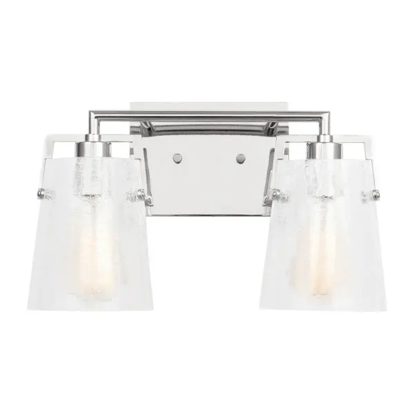 The Crofton delivers clean, contemporary style with its sleek chrome finish and distinctive crackle glass shades. Designed by Drew & Jonathan Scott, this two-light fixture offers flexible mounting and coordinates beautifully with modern bath hardware.