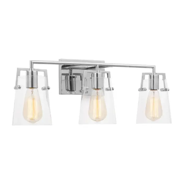 Drew & Jonathan's Crofton brings clean-lined sophistication to bathroom lighting with its sleek rectangular backplate and clear glass shades. The reversible mounting and damp location rating make it practical, while the chrome finish coordinates effortlessly with modern bath hardware.