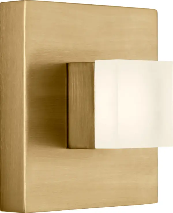 The Brander Small Sconce delivers refined, functional lighting with its frosted acrylic shade and satin brass finish. Perfect for bathrooms and hallways, this damp-rated fixture combines modern minimalism with sophisticated warmth. - alternate view